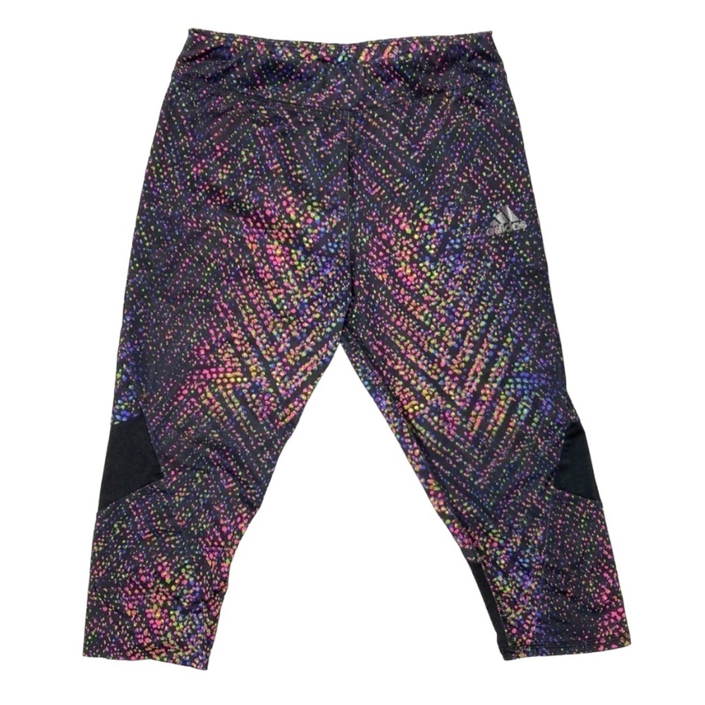 Adidas Youth Small (7/8) Leggings Girls Capri Cropped Pants Black &Neon Polkadot